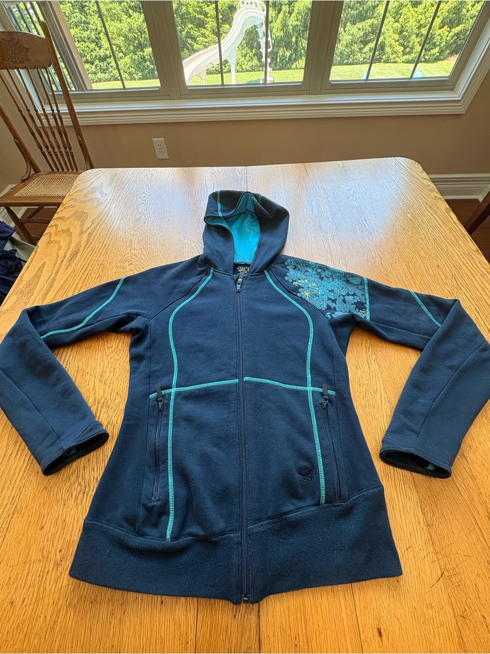 Mountain Hardware Hoodie Sweatshirt Full Zip Jacket Blue Floral Print Size S - Picture 1 of 7